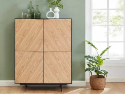 Aparador Alto Com 4 Portas Em Mdf E Metal Cor Natural Claro E Preto - Lobna
