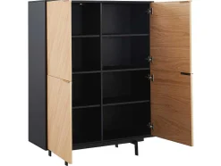 Aparador Alto Com 4 Portas Em Mdf E Metal Cor Natural Claro E Preto - Lobna