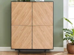 Aparador Alto Com 4 Portas Em Mdf E Metal Cor Natural Claro E Preto - Lobna