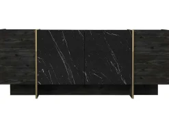 Aparador Com 4 Portas, Efeito Marmore Preto, Natural Escuro E Dourado - Cadeba Ii