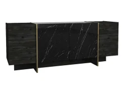 Aparador Com 4 Portas, Efeito Marmore Preto, Natural Escuro E Dourado - Cadeba Ii