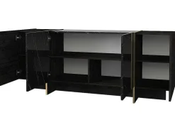 Aparador Com 4 Portas, Efeito Marmore Preto, Natural Escuro E Dourado - Cadeba Ii