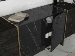 Aparador Com 4 Portas, Efeito Marmore Preto, Natural Escuro E Dourado - Cadeba Ii
