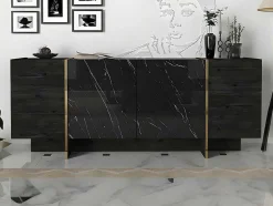 Aparador Com 4 Portas, Efeito Marmore Preto, Natural Escuro E Dourado - Cadeba Ii