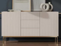 Aparador Com 2 Portas E 3 Gavetas Em Mdf E Aco, Bege E Dourado - Evilana
