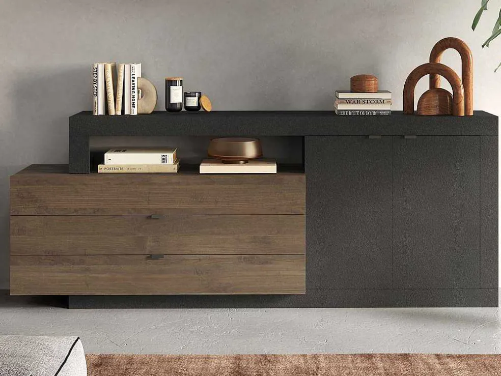 Aparador Com 2 Portas, 3 Gavetas E 1 Nicho, Natural E Antracite - Ruselo