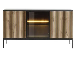 Aparador 3 Portas Com Leds Em Mdf E Vidro Fumado Preto E Natural - Ovila