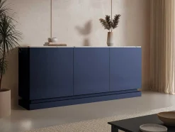 Aparador 3 Portas Com Leds Em Mdf Azul E Efeito Marmore Branco - Devika De Pascal Morabito