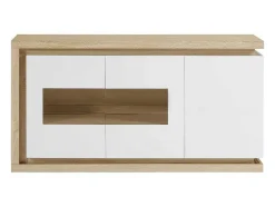 Aparador 3 Portas E 1 Nicho Com Leds Em Mdf E Vidro Temperado Natural E Lacado A Branco - Flarancia