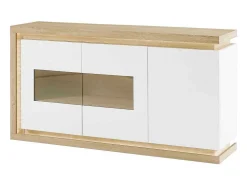 Aparador 3 Portas E 1 Nicho Com Leds Em Mdf E Vidro Temperado Natural E Lacado A Branco - Flarancia