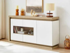 Aparador 3 Portas E 1 Nicho Com Leds Em Mdf E Vidro Temperado Natural E Lacado A Branco - Flarancia