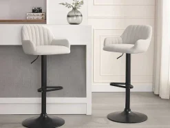 Banco Alto Tecido E Metal Preto, Altura Ajustavel, Cor Creme - Eleana