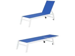 Barbados Espreguiçadeira E Mesa De Cabeceira Em Têxtilene Azul - Aluminio Branco