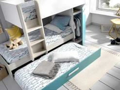 Beliche Com Gaveta Cama Dupla E Com Espacos De Arrumação 3X90X190 Cm Cor Branco, Natural E Azul - Anthony