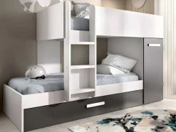 Beliche Com Gaveta Cama Dupla E Com Espacos De Arrumação 3X90X190 Cm Cor Antracite E Branco + Colchões - Anthony