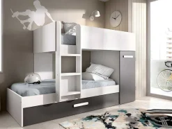 Beliche Com Gaveta Cama Dupla E Com Espacos De Arrumação 3X90X190 Cm Cor Antracite E Branco + Colchões - Anthony