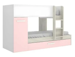 Beliche Com Gaveta Cama Dupla E Com Espacos De Arrumação 3X90X190 Cm Cor Branco, Natural E Rosa + Colchões - Anthony