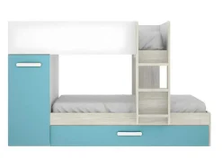 Beliche Com Gaveta Cama Dupla E Com Espacos De Arrumação 3X90X190 Cm Cor Branco, Natural E Azul + Colchões - Anthony