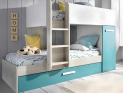 Beliche Com Gaveta Cama Dupla E Com Espacos De Arrumação 3X90X190 Cm Cor Branco, Natural E Azul + Colchões - Anthony