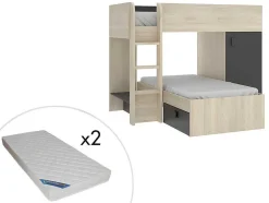 Beliche Reversivel De 2 X 90 X 190 Cm Com Espacos De Arrumação Integrados Cor Carvalho E Antracite + Colchão - Ricardo