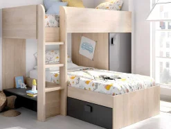 Beliche Reversivel De 2 X 90 X 190 Cm Com Espacos De Arrumação Integrados Cor Carvalho E Antracite + Colchão - Ricardo