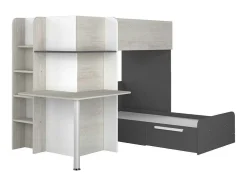 Beliche 2 X 90 X 190 Cm Com Secretária Cinzento, Branco E Preto + Colchão - Samuel