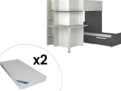 Beliche 2 X 90 X 190 Cm Com Secretária Cinzento, Branco E Preto + Colchão - Samuel
