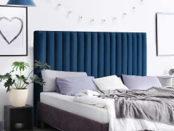 Cabeceira De Cama Com Costuras Verticais De 140 Cm Em Veludo Cor Azul-Escuro - Sarah