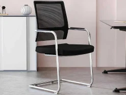 Cadeira De Reunioes Profissional Em Tecido E Metal Cromado Cor Preto - Marunouchi