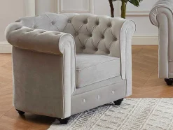 Cadeirão Chesterfield - Veludo Cinzento Claro