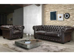 Cadeirão 100% Pele De Bufalo Castanho Com Reflexos Castanhos Estilo Chesterfield - Brenton