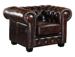 Cadeirão 100% Pele De Bufalo Castanho Com Reflexos Castanhos Estilo Chesterfield - Brenton