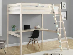 Cama Alta Com Posto De Trabalho 140X190 Cm Em Pinho Macico Branqueado - Gedeon