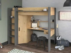 Cama Alta Com Secretária E Armário De 90 X 200 Cm Cor Carvalho E Antracite - Auckland
