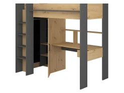 Cama Alta Com Secretária E Armário De 90 X 200 Cm Cor Carvalho E Antracite + Colchão - Auckland