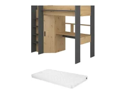Cama Alta Com Secretária E Armário De 90 X 200 Cm Cor Carvalho E Antracite + Colchão - Auckland