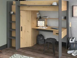 Cama Alta Com Secretária E Armário De 90 X 200 Cm Cor Carvalho E Antracite + Colchão - Auckland