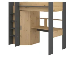 Cama Alta Com Secretária E Armário De 90 X 200 Cm Cor Carvalho E Antracite + Colchão - Auckland