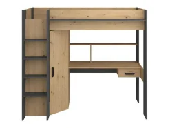 Cama Alta Com Secretária E Armário De 90 X 200 Cm Cor Carvalho E Antracite + Colchão - Auckland