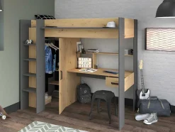 Cama Alta Com Secretária E Armário De 90 X 200 Cm Cor Carvalho E Antracite + Colchão - Auckland