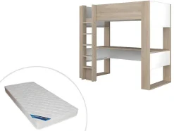 Cama Alta Com Secretária E Espacos De Arrumação Integrados 90 X 200 Cm Carvalho E Branco + Colchão - Noah Ii