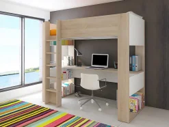 Cama Alta Com Secretária E Espacos De Arrumação Integrados 90 X 200 Cm Carvalho E Branco + Colchão - Noah Ii