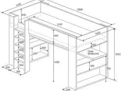 Cama Alta Com Secretária E Espacos De Arrumação Integrados 90 X 200 Cm Carvalho E Branco + Colchão - Noah Ii