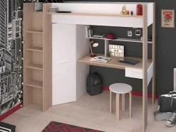 Cama Alta Com Secretária E Guarda-Roupa 90 X 200 Cm Cor Branco E Natural + Colchão - Auckland