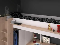Cama Alta Com Secretária E Guarda-Roupa 90 X 200 Cm Cor Branco E Natural + Colchão - Auckland