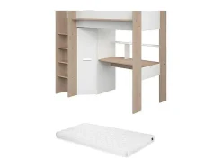 Cama Alta Com Secretária E Guarda-Roupa 90 X 200 Cm Cor Branco E Natural + Colchão - Auckland