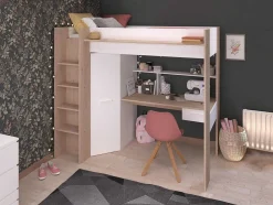 Cama Alta Com Secretária E Guarda-Roupa 90 X 200 Cm Cor Branco E Natural - Auckland