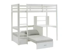 Cama Alta Com Secretária, Sofá Convertivel E Espacos De Arrumação De 90 X 200 Cm Em Pinho Macico Cor Esbranquicado - Goliath Iii