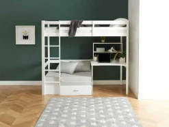 Cama Alta Com Secretária, Sofá Convertivel E Espacos De Arrumação De 90 X 200 Cm Em Pinho Macico Cor Esbranquicado - Goliath Iii