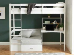 Cama Alta Com Secretária, Sofá Convertivel E Espacos De Arrumação De 90 X 200 Cm Em Pinho Macico Cor Esbranquicado - Goliath Iii